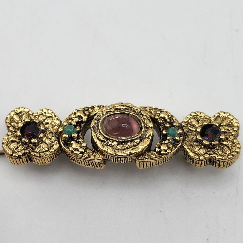 Vintage Gold Tone Faux Gem Stone‎ Bar Brooch